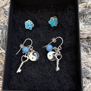 Yin Yang and Paw Print Women’s Girl’s Earrings Set with Blue Accents
